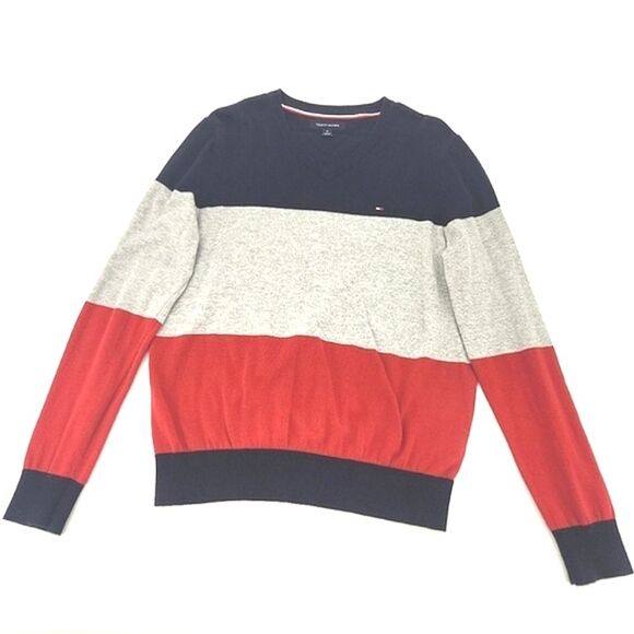 Tommy Hilfiger Logo Sweater Mens Size Medium Colorblock V Neck 90s Retro Preppy - Picture 1 of 7
